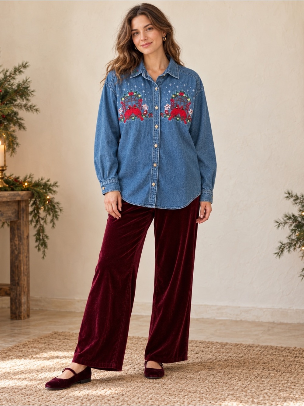 90s Denim Holiday Shirt with Cardinals Medium 100% Cotton
